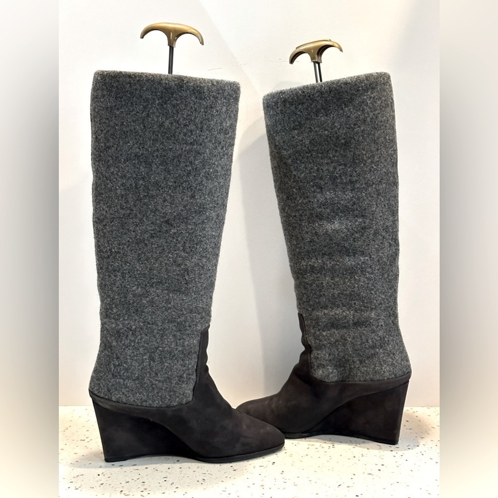 Designer Christian Dior CD‎ Gray Suede & Wool Tall Knee High Wedge Boots - Picture 8 of 16